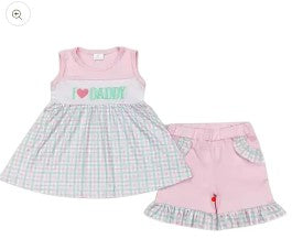 LL I Love Daddy Plaid Ruffle Girls Sleeveless Shirt and Shorts - Kids Clothes
