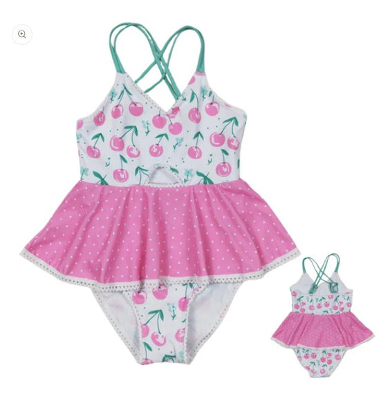 Summer Mint/Pink Skirted One Piece Outfit Floral Bathing Suit - Kids Clothing