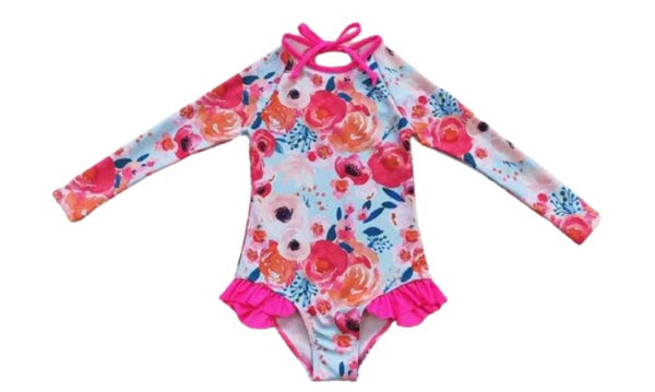 Girls Long Sleeve Floral Ruffle 4th of July Bathing Suit - Kids Clothes