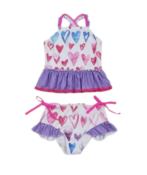 Pastel Watercolor Heart Ruffle Whimsical Bathing Suit - Kids Clothes