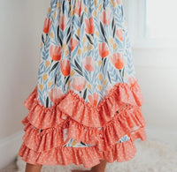 AC Peach Dot Floral 3 Ruffle Dress