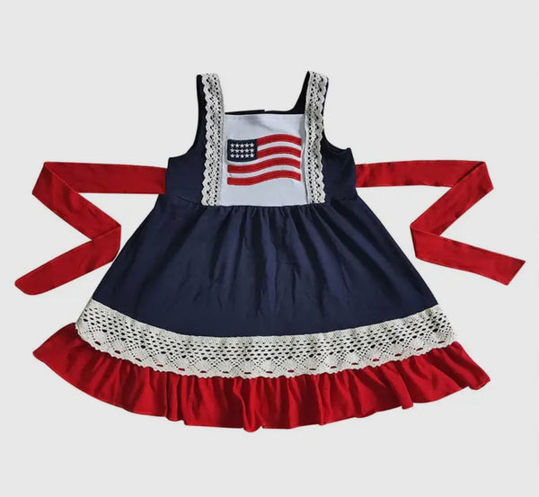 LL 4th of July Dress American Flag Lace Accent Tie