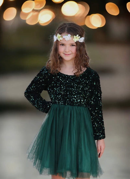 AC Forest Green Sequins Tulle Dress