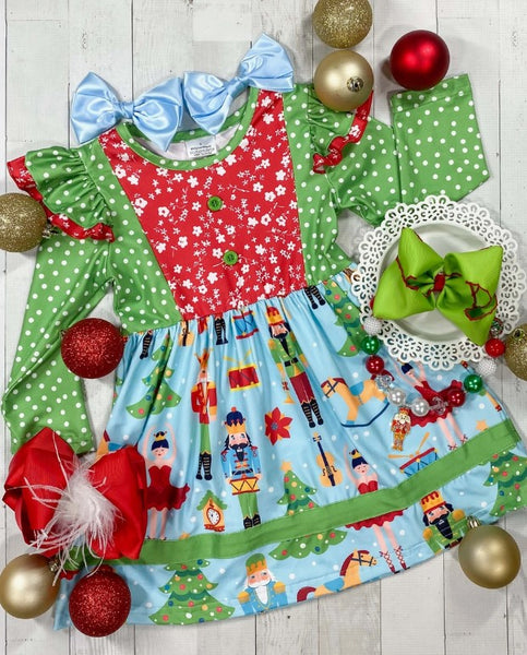 AC Nutcracker Polka Dot Ruffle Shoulder Dress