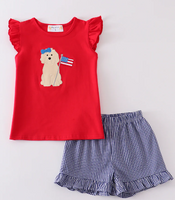 LL PREMIUM RED PATRIOTIC PUPPY FLAG APPLIQUE GIRL SET