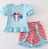 LL BLUE PATRIOTIC COW APPLIQUE GIRL SET