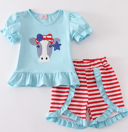 LL BLUE PATRIOTIC COW APPLIQUE GIRL SET