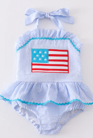LL BLUE PATRIOTIC FLAG APPLIQUE SEERSUCKER ONE-PIECE GIRL SWIMSUIT