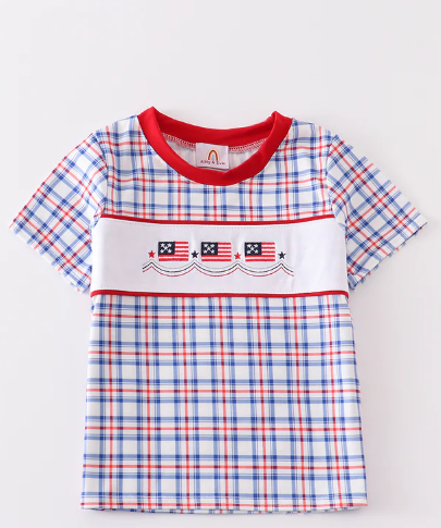 LL PATRIOTIC FLAG EMBROIDERY PLAID BOY TOP