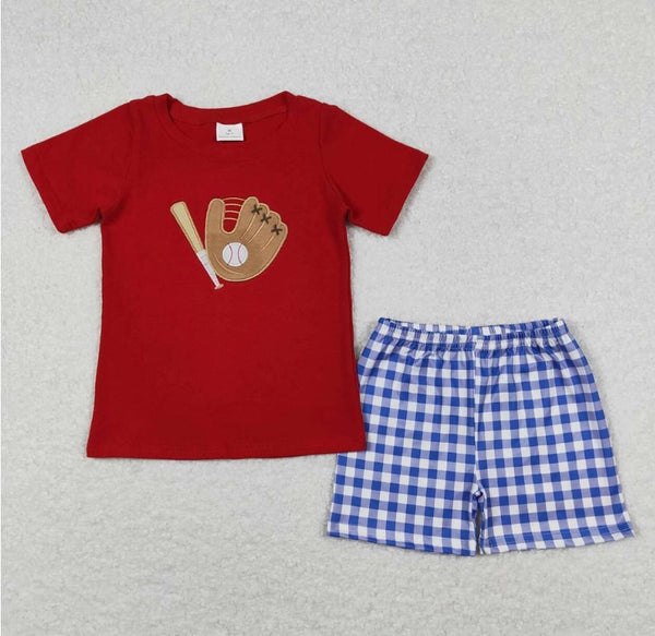 Baby Boys Red Baseball Shirt Top Blue Checkered Shorts Cloth