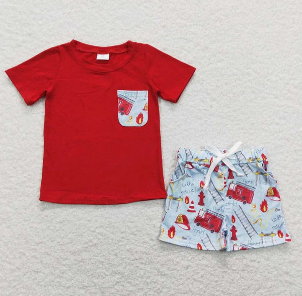 Baby Boys Red Pocket Tee Shirts Fire Truck Shorts Clothes