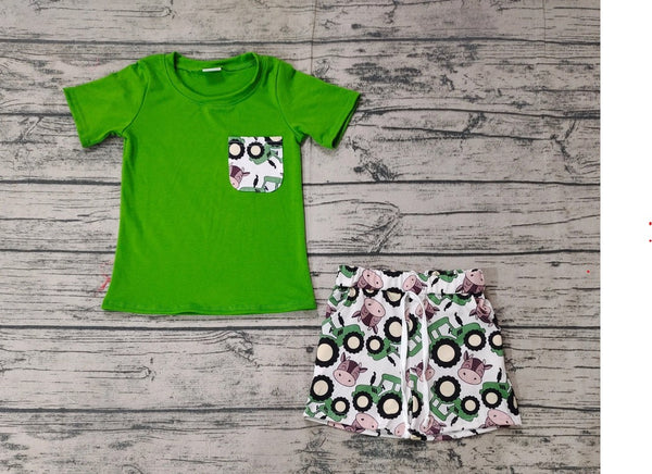 Baby Boys Green Pocket Shirt Tops Tractors Farm Shorts Cloth