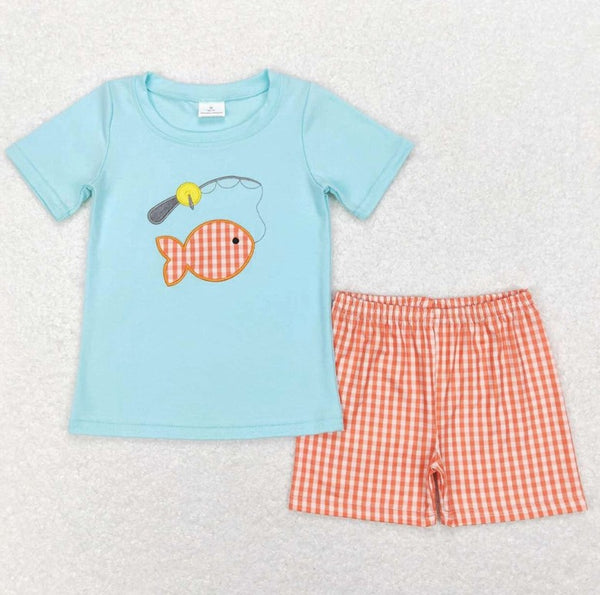 Baby Boys Fishing Tee Orange Gingham Summer Shorts Clothes