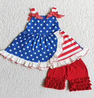 4th of July Girls Ruffle Tunic Shorts Sets