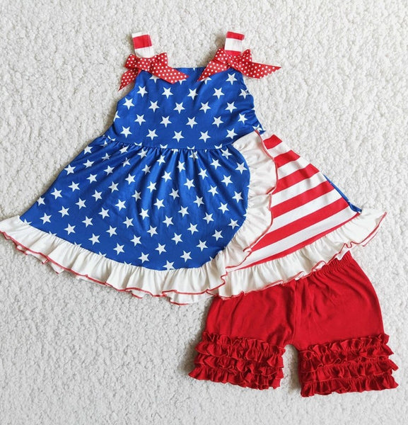 4th of July Girls Ruffle Tunic Shorts Sets