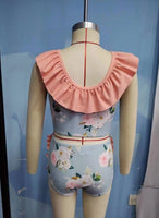 Baby Girls Blue Flowers Sleeveless Ruffle Top 2pcs Swimsuits
