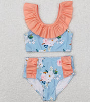 Baby Girls Blue Flowers Sleeveless Ruffle Top 2pcs Swimsuits