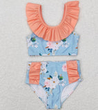 Baby Girls Blue Flowers Sleeveless Ruffle Top 2pcs Swimsuits