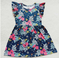 Baby Girls Blue Pink Floral Flutter Sleeve Pearl Dresses