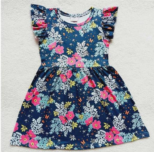 Baby Girls Blue Pink Floral Flutter Sleeve Pearl Dresses