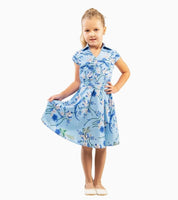 LL Girls Kids Vintage Style Collared Button Down Dresses Bird Blue