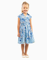 LL Girls Kids Vintage Style Collared Button Down Dresses Bird Blue