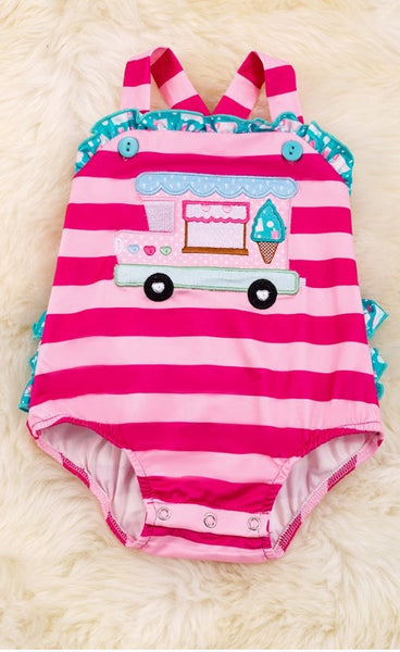 Lt. Pink Stripe Embroidered Ice Cream Truck.