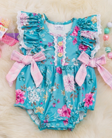 Floral Printed Baby Romper W/Pink Bows