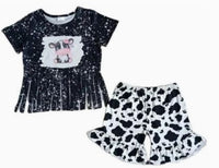 Black & White Cow Print Fringed Outfit - Kids Clothing Summer