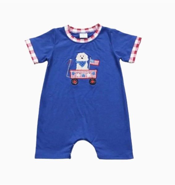 4th of July Baby Romper Patriotic Puppy Wagon Boys Romper - Kids Clothing