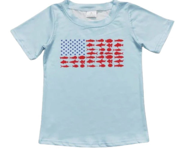 Boys Fish American Flag Coastal Resort Shirt - Kids Clothes