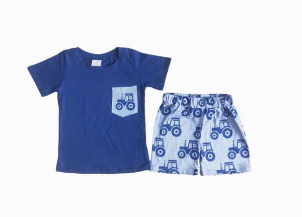Blue Tractor Outfit Southwest Short Sleeve Shirt and Shorts - Kids Clothing
