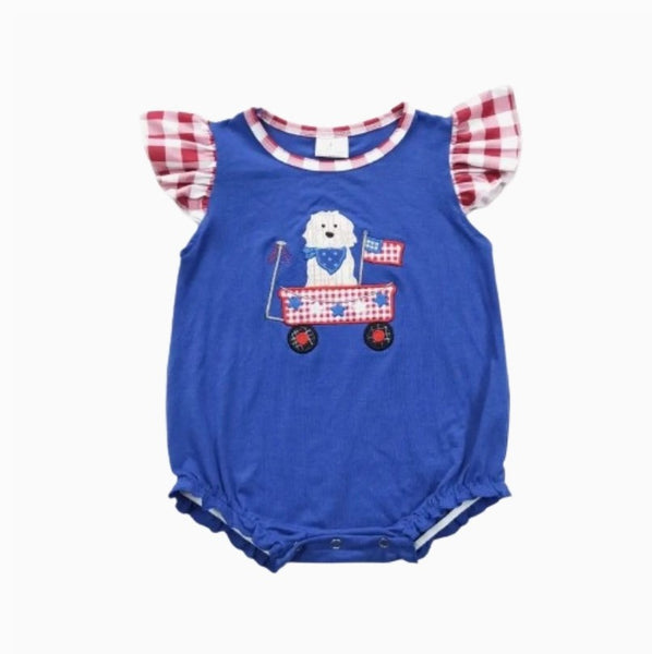 4th of July Baby Romper Patriotic Puppy Wagon Bubble Romper - Kids Clothing