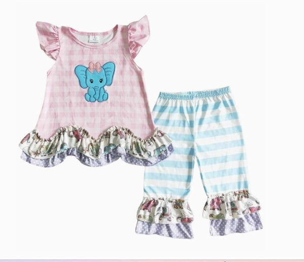 Summer Elephant Flutter Sleeve Outfit Colorful Short Sleeve Shirt and Pants - Kids Clothes