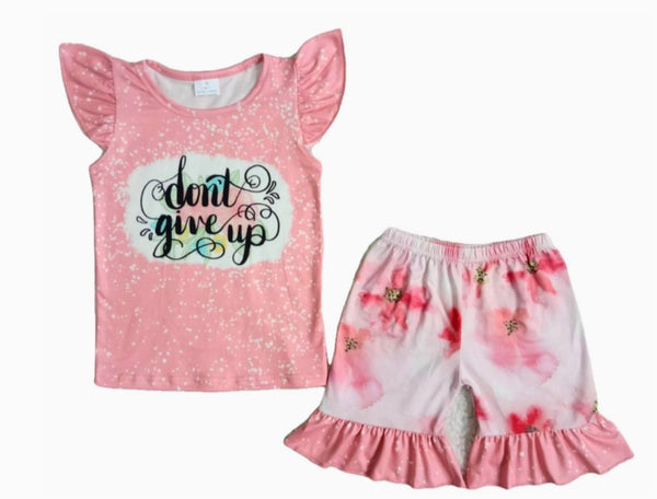 Girls "Don't Give Up!" Floral Ruffle Shorts Summer Outfit Kids Clothing