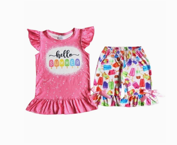 Hello Summer Popsicle Outfit Whimsical Short Sleeve Shirt and Shorts - Kids Clothing