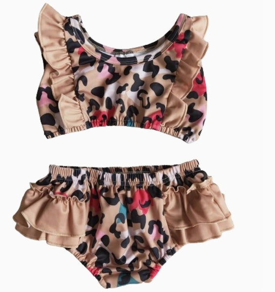 Summer Leopard Ruffle Floral Swimsuit Outfit Southwest Bathing Suit - Kids Clothes