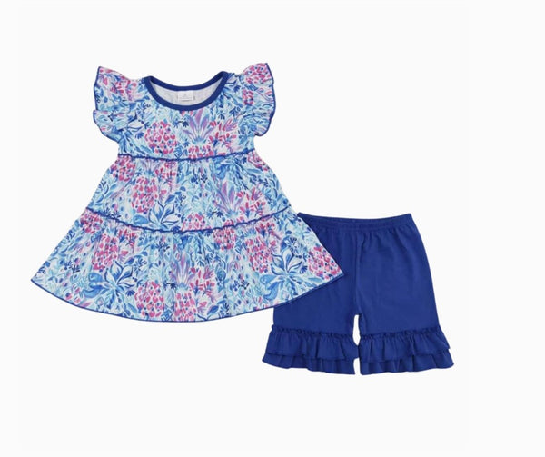 Summer Navy Tiered Outfit Floral Short Sleeve Shirt and Shorts - Kids Clothes