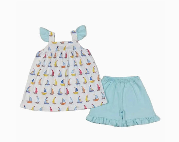 Summer Flutter Sleeve Sailboat Ruffle Outfit Colorful Sleeveless Shirt and Shorts - Kids Clothes