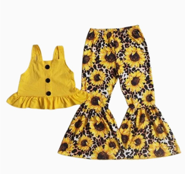 Golden Sunflowers Outfit Floral Sleeveless Shirt and Pants - Kids Clothing