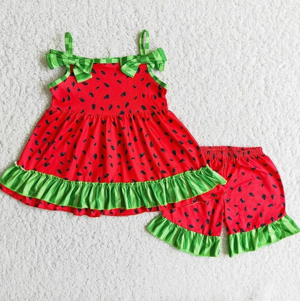 Summer Watermelon Ruffle Accent Ruffle Shorts Outfit Outfit Whimsical Sleeveless Shirt and Shorts - Kids Clothing