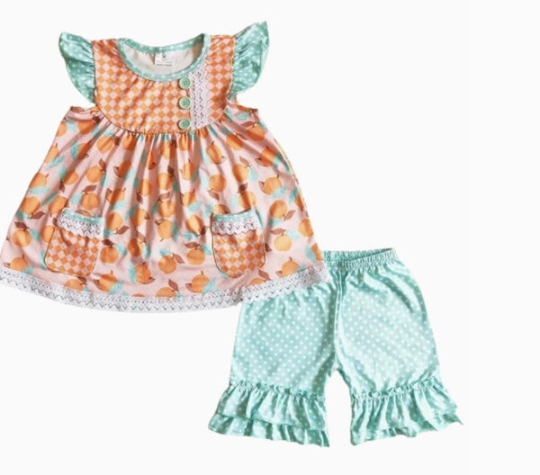 Summer Flutter Sleeve Mint Oranges Outfit Colorful Short Sleeve Shirt and Shorts - Kids Clothes