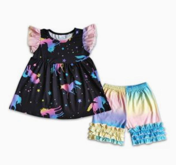 Celestial Unicorn Ruffle Shorts Outfit - Kids Clothing Summer