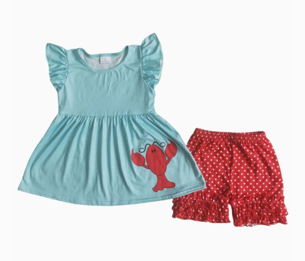 Girls Summer Shorts Outfit - Lobster Crawdad Polka Dot Ruffle