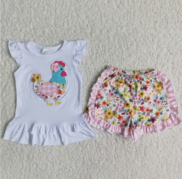 Chicken Embroidery Kids Summer Clothing