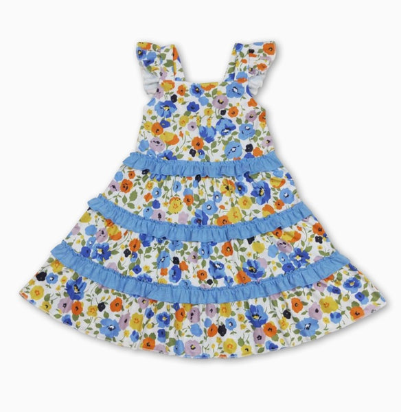 Flutter Sleeves Blue Floral Ruffle Girls Summer Dresses