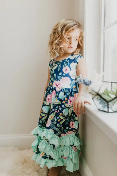 AC Navy Floral 3 Ruffle Spring Dress