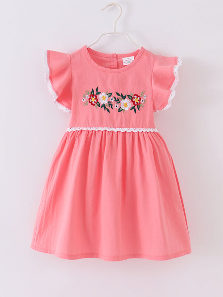AC Coral Pink Boho Embroidery Floral Girl Dress