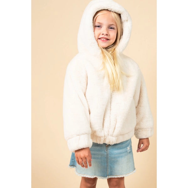 AC Girls Faux Fur Cream Colored Hooded Coat