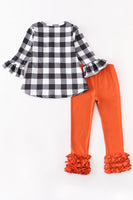 AC Girls Halloween Plaid Pumpkin Ruffle Pants Set